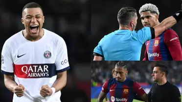 Mbappé, Xavi y Araujo en un partido de Champions Leauge. Foto: Reutters.