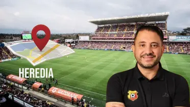 Roberth Garbanzo, gerente de Herediano y, al fonfo, el estadio Ricardo Saprissa. Foto: CSH