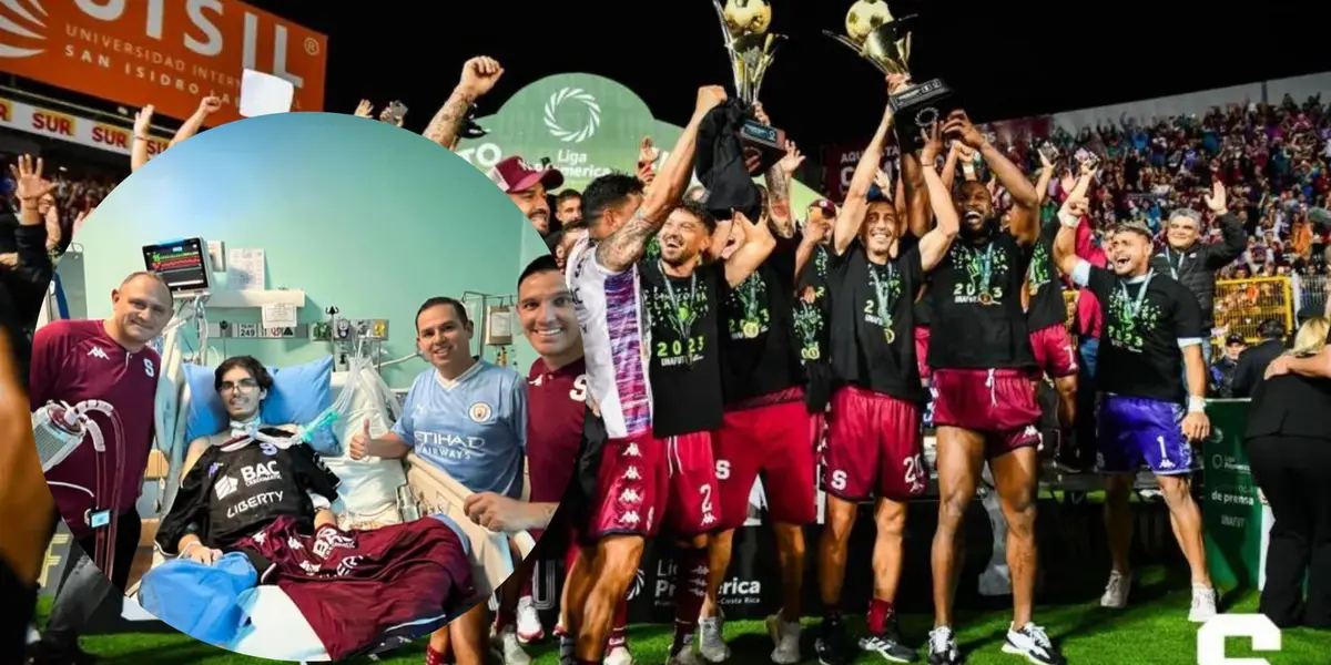 Saprissa celebrando un campeonato y al lado apoyando un morado en un momento complicado. Foto: SAP.